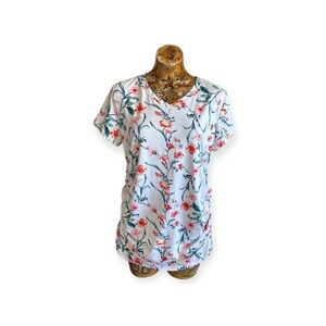 Ekouaer top short sleeve white red pink floral XL casual